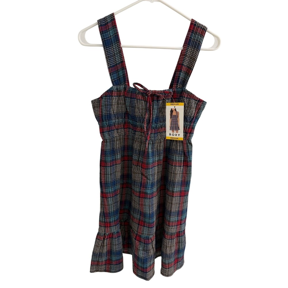 Roxy Plaid Smocked Tie Front Tiered Mini Dress Blue Red Medium NWT